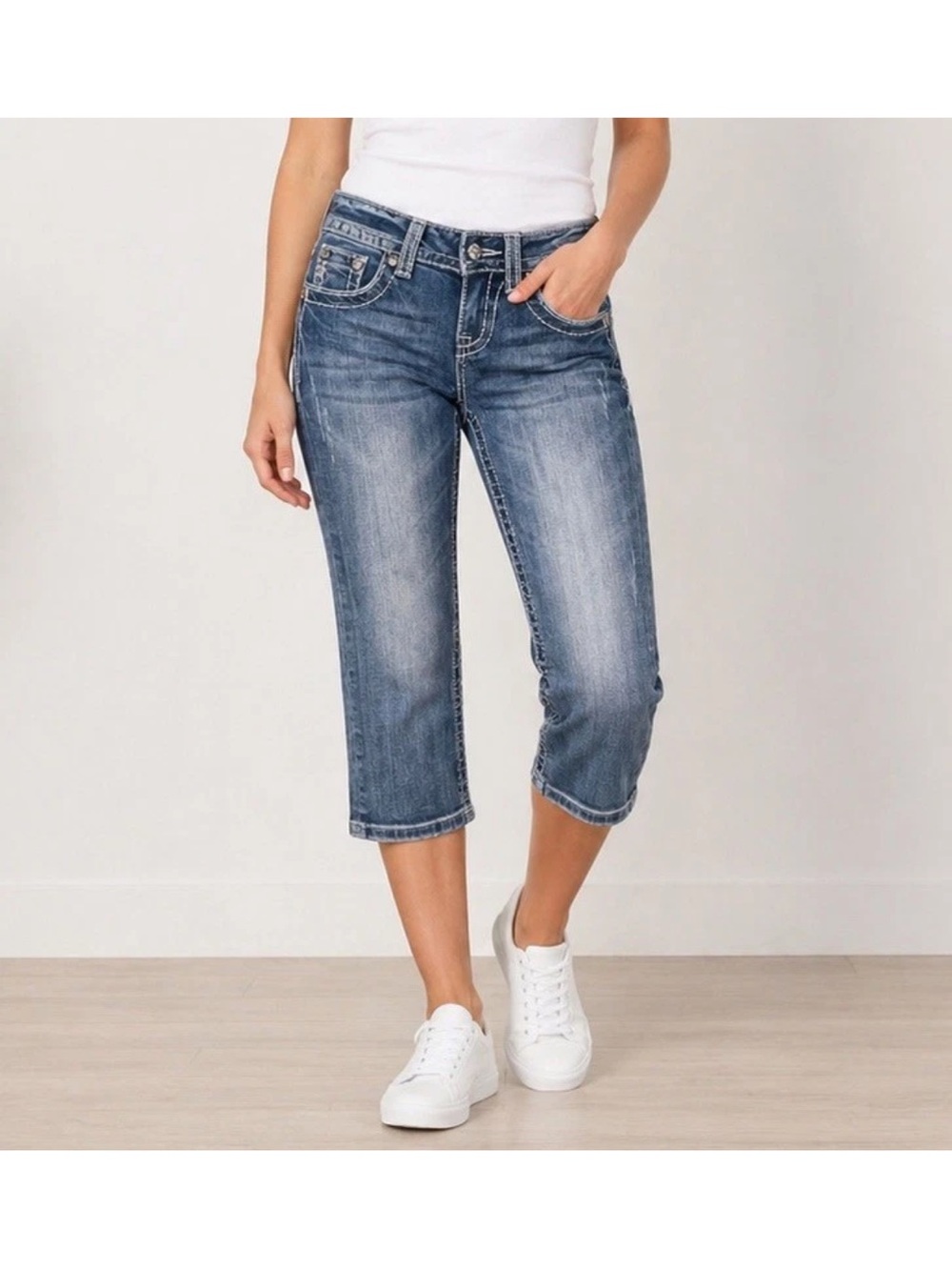 Miss Me embellished cropped denim distressing and front pocket stud details 30